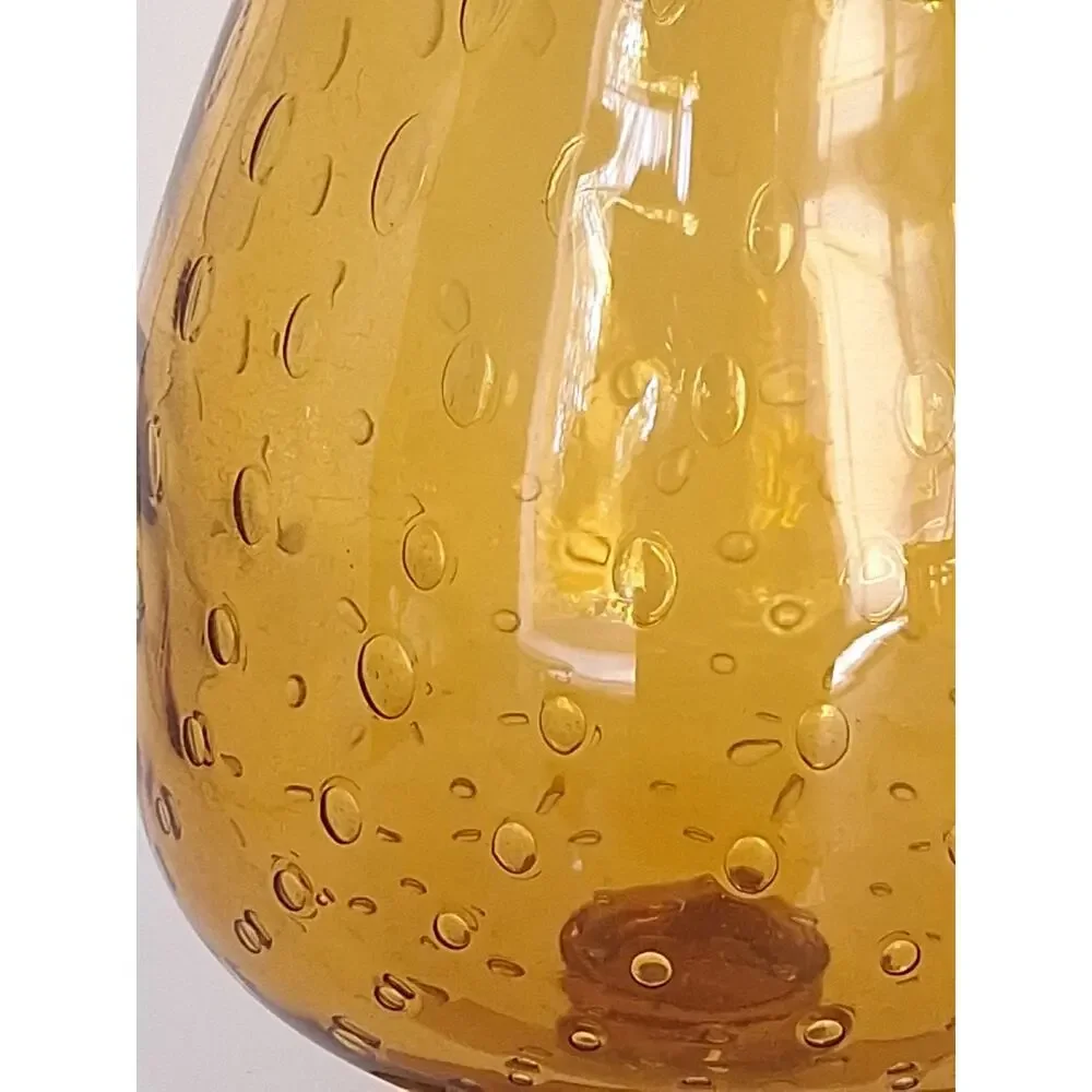 Vintage Amber Controlled Bubble Art Glass Pedestal Vase Applied Rigaree 1960s